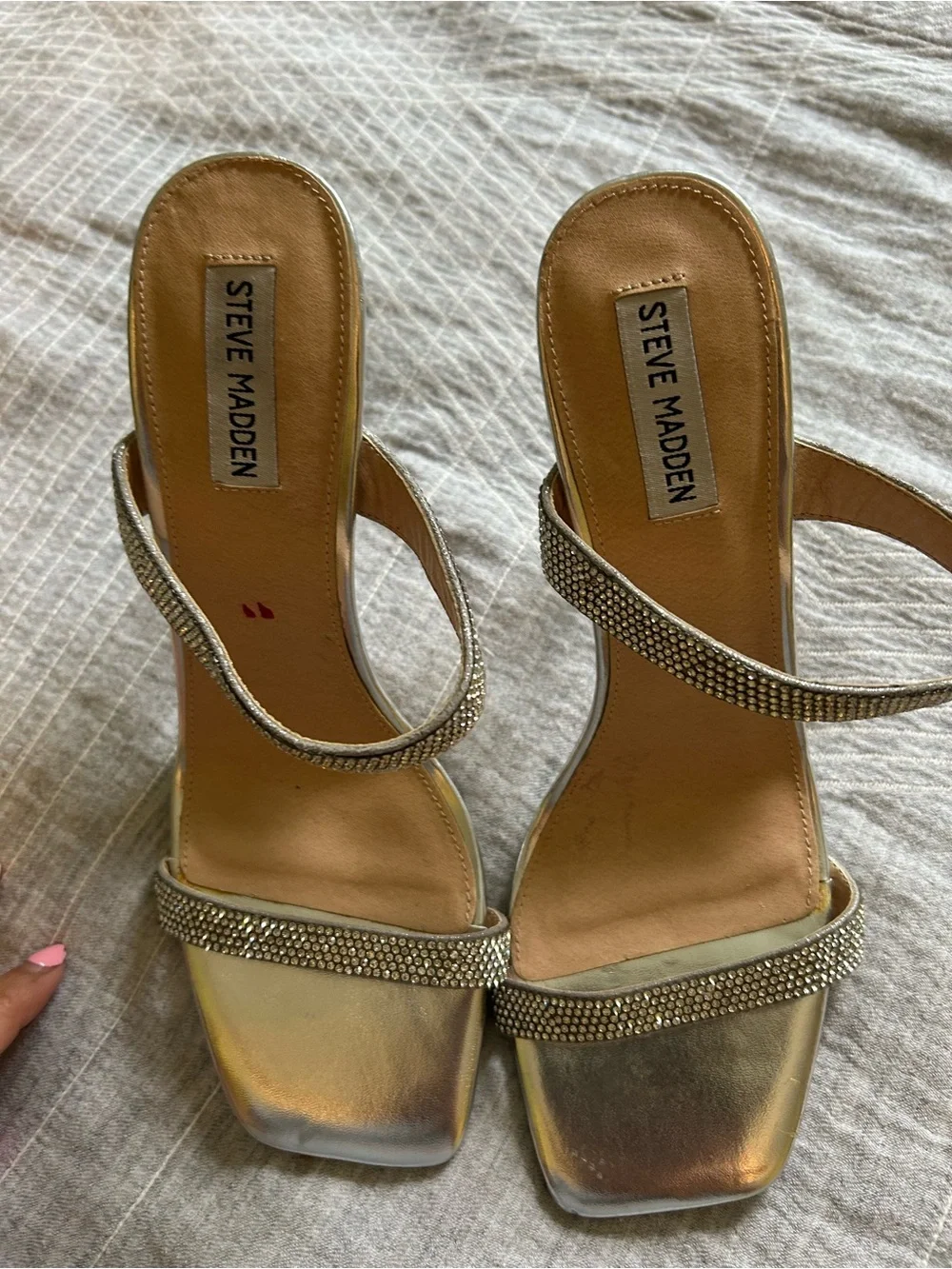 Steve Madden Vacate Silver Rhinestone Stiletto Sandals Square Toe Heels  9.5